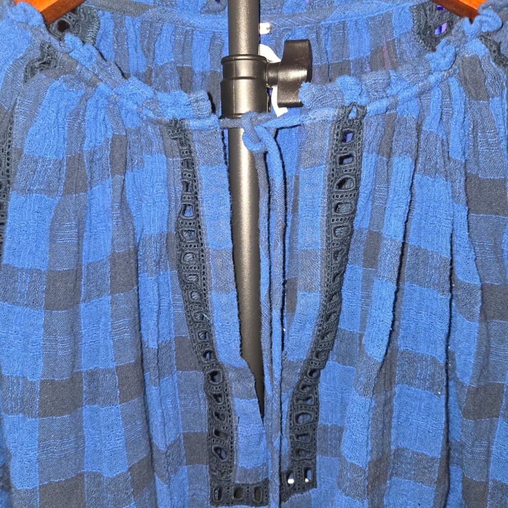 Free People Honey Grove Blouse Womens M Blue Plaid Tassel Boho Eyelet Top - Picture 3 of 10